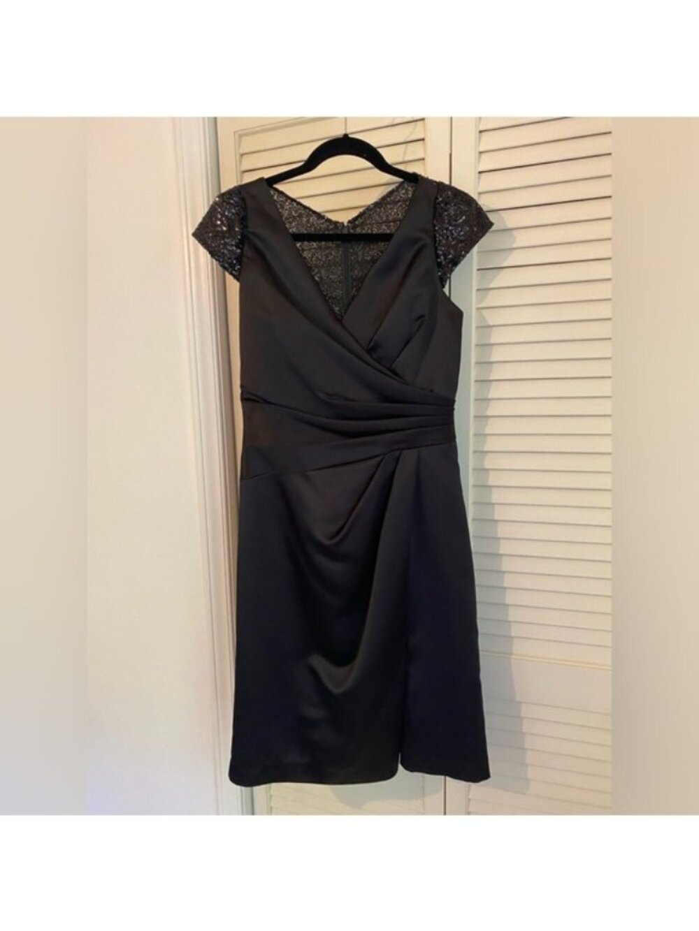 Jasmine Black Satin Sequined Cap Sleeve Cocktail Formal Dress Size 6